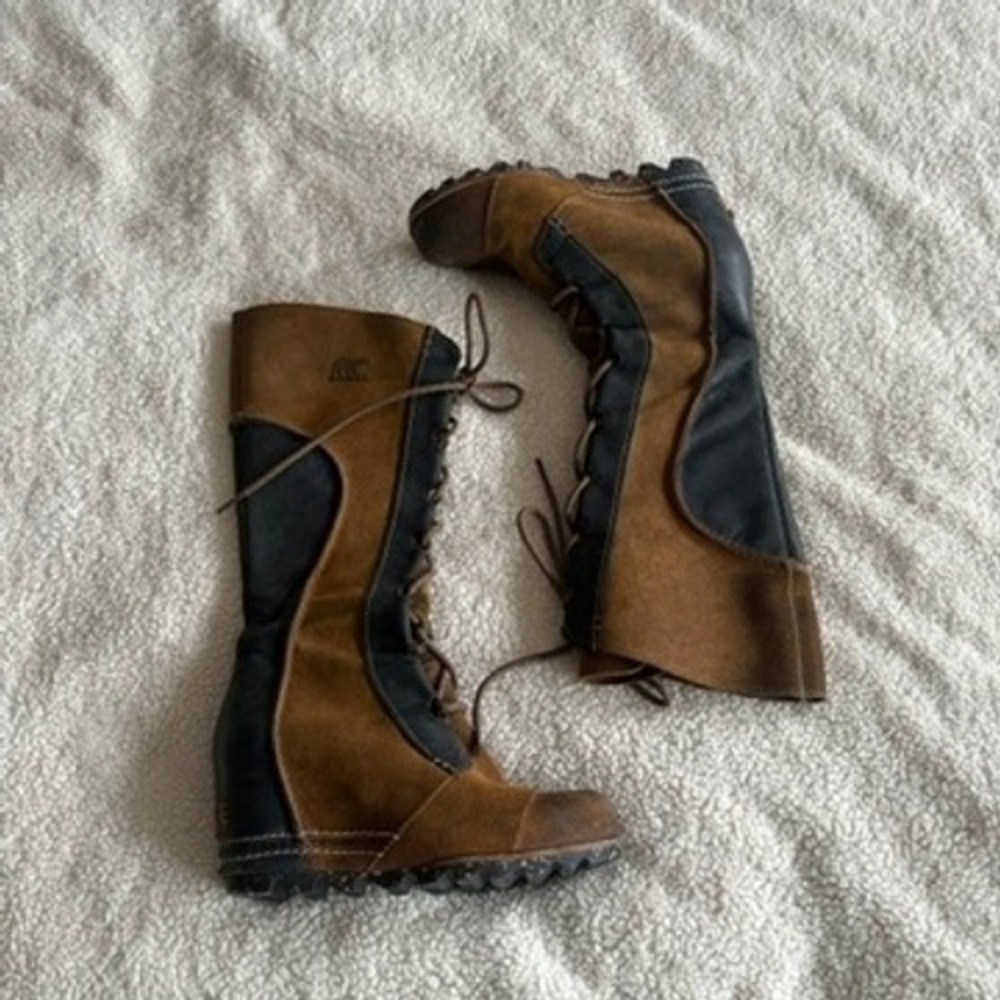 Sorel Cate the Great Wedge Boots Womens Brown Black Size 7 Leather Suede Tall